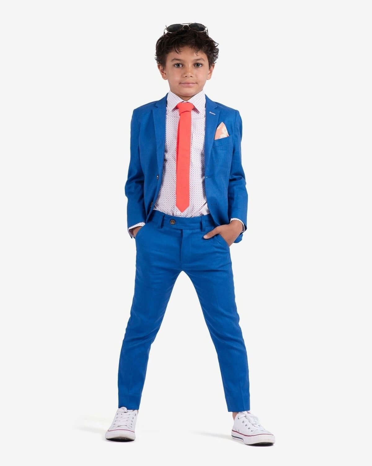 Stylish boy in a nautical blue stretchy mod suit, ready for back to school wow factor! Perfect kids clothes for any occasion!
