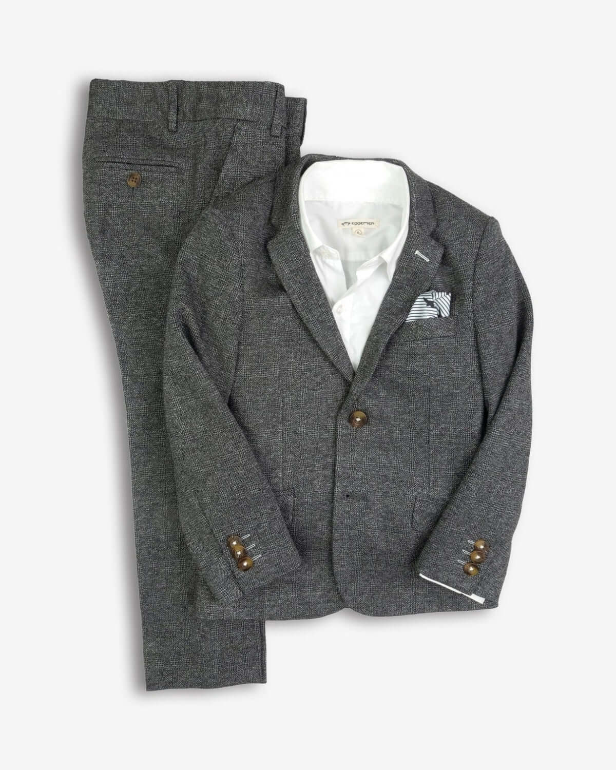 Stylish noir micro plaid mod suit for kids, blending comfort with elegance for back-to-school adventures.