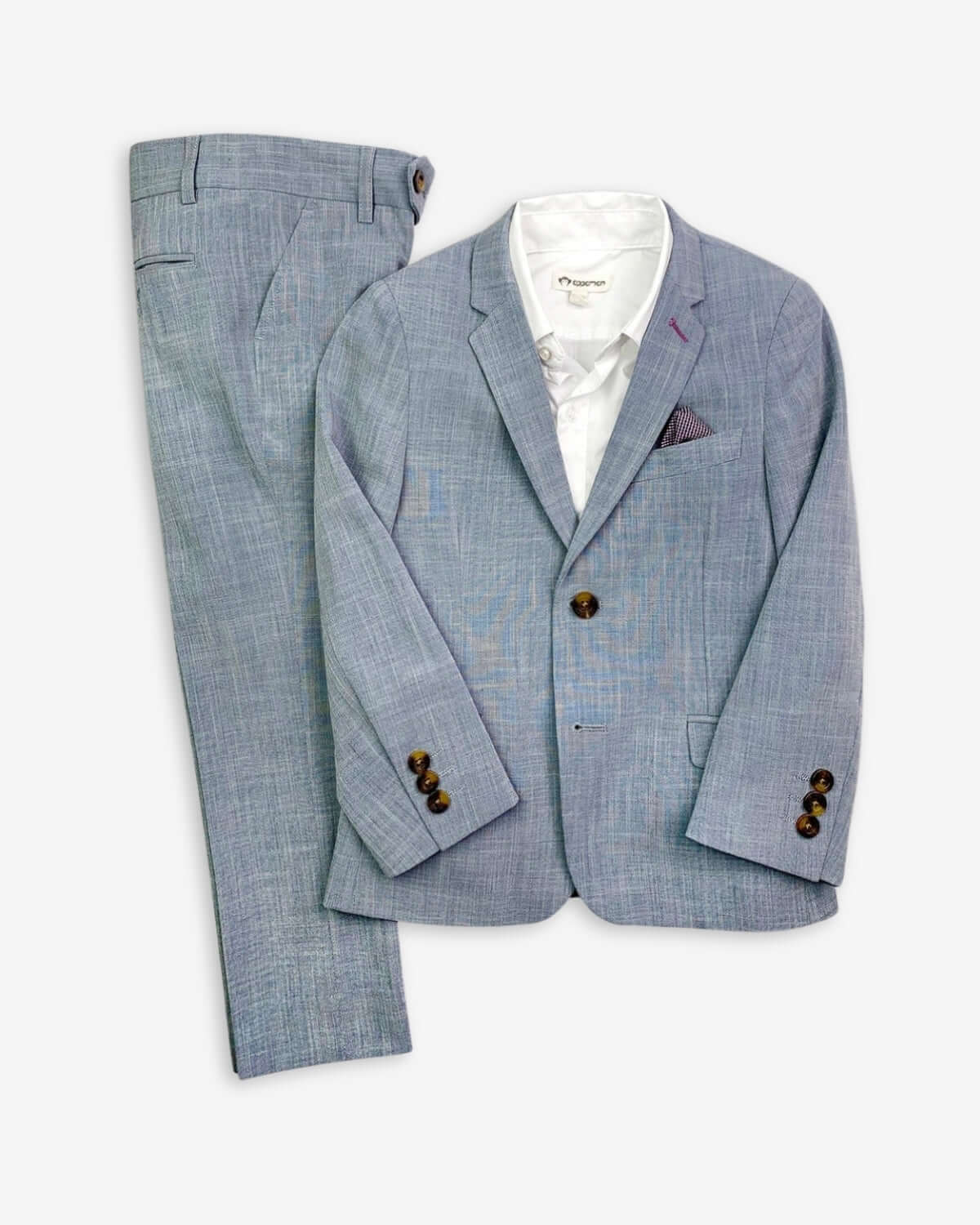 Stylish stone stretchy mod suit for kids featuring a blazer, adjustable pants, and cool pocket square, perfect for school.