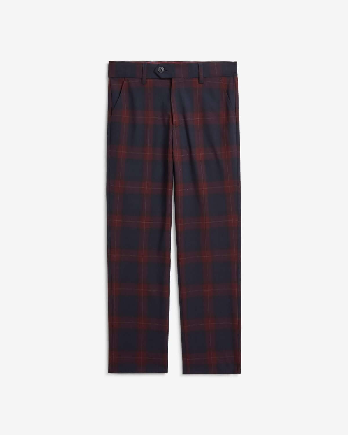 Stylish navy and cranberry plaid stretchy pants for kids, combining comfort with chic charm, perfect for back to school.