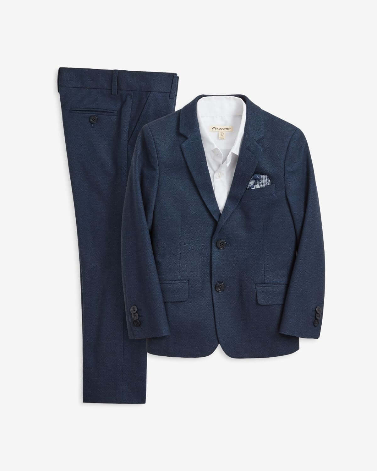Navy Diamonds Stretchy Mod Suit for kids—stylish, comfy, adjustable for growth spurts, perfect for back to school!