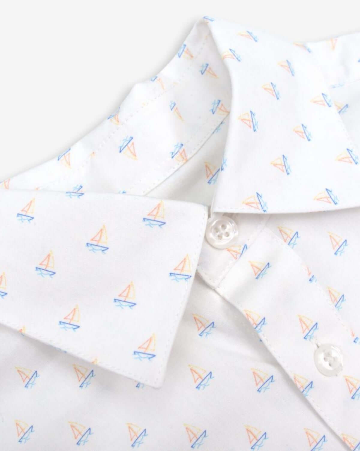 Close-up of the Morning Sail Standard Shirt collar with playful sailboat pattern—ideal for stylish kids' adventures.