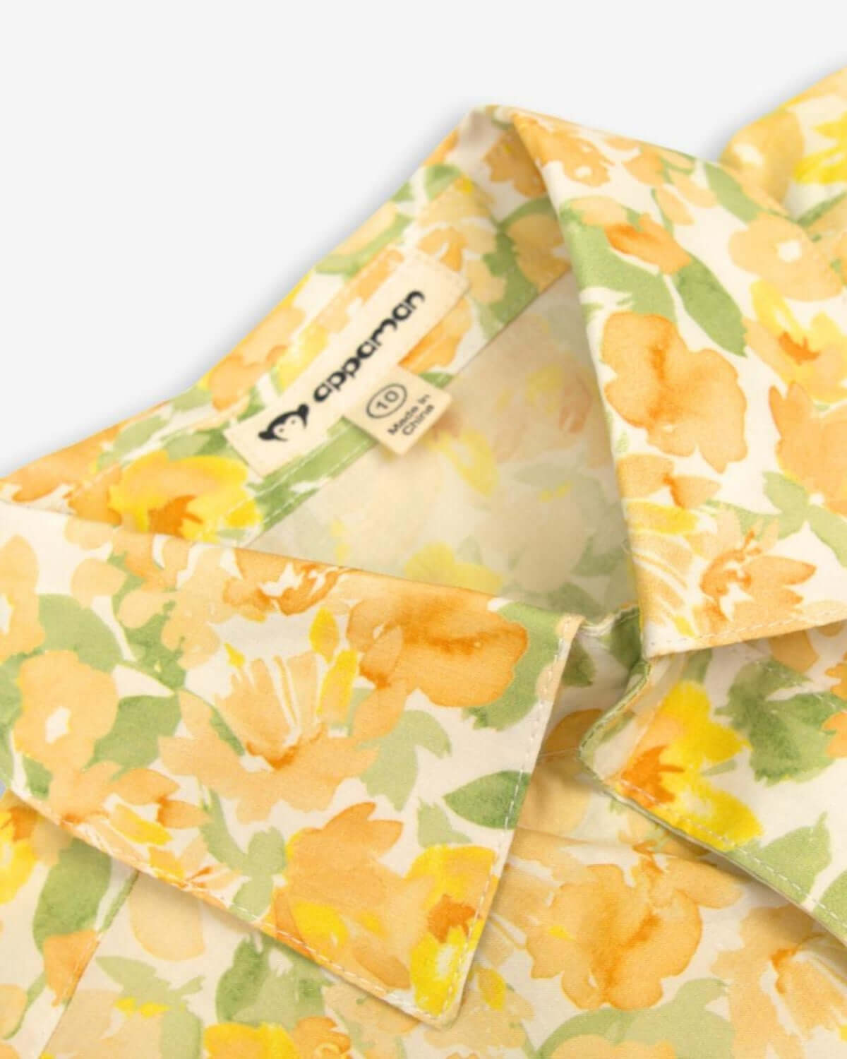 Close-up of a vibrant floral collar on Appaman's Spring Bouquet shirt, perfect for stylish boys' outfits this season.