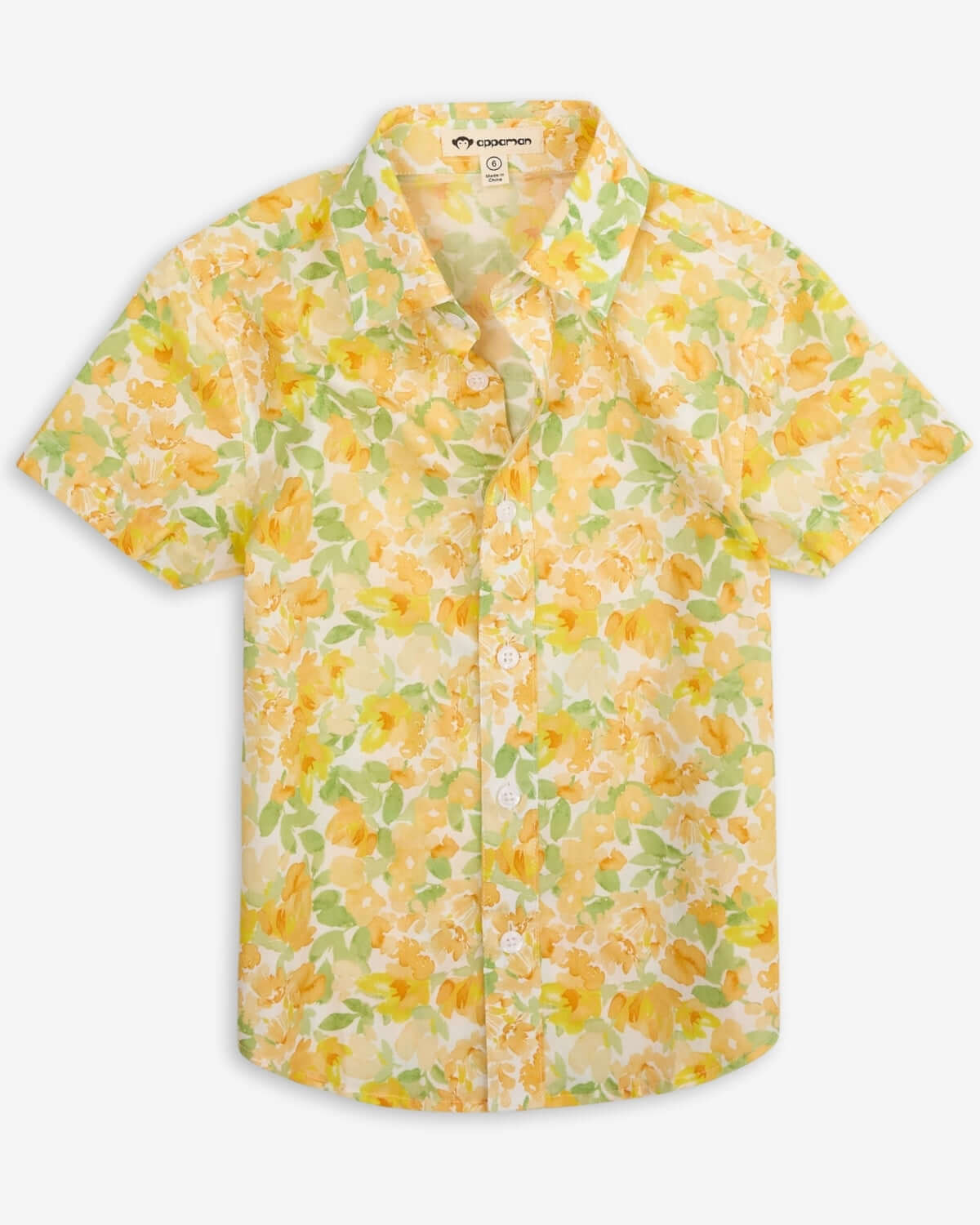Spring Bouquet Day Party Shirt featuring a vibrant floral design in yellow and green for boys.