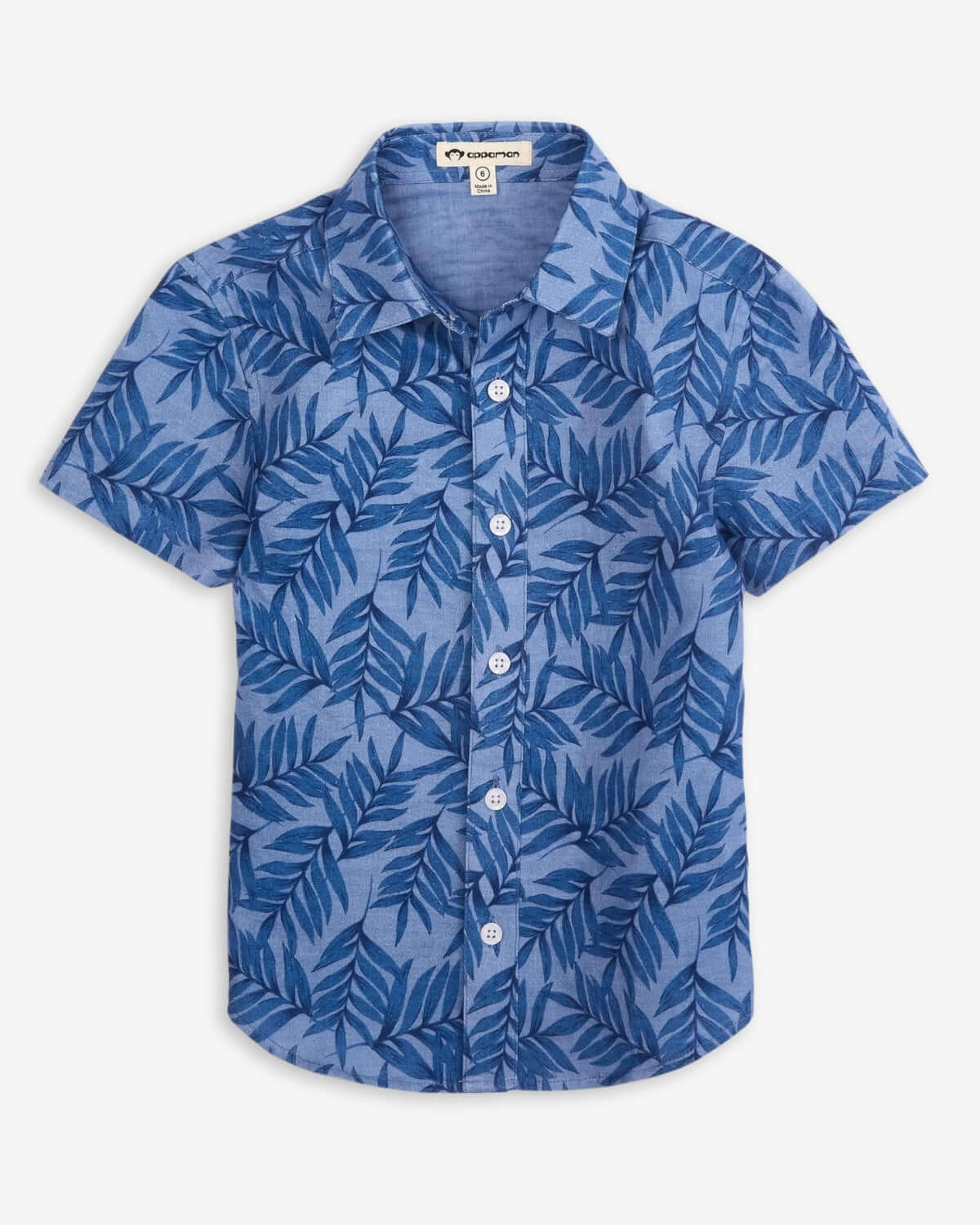 Stylish boys short sleeve shirt in vibrant blue with leafy print, perfect for summer fun and family gatherings.
