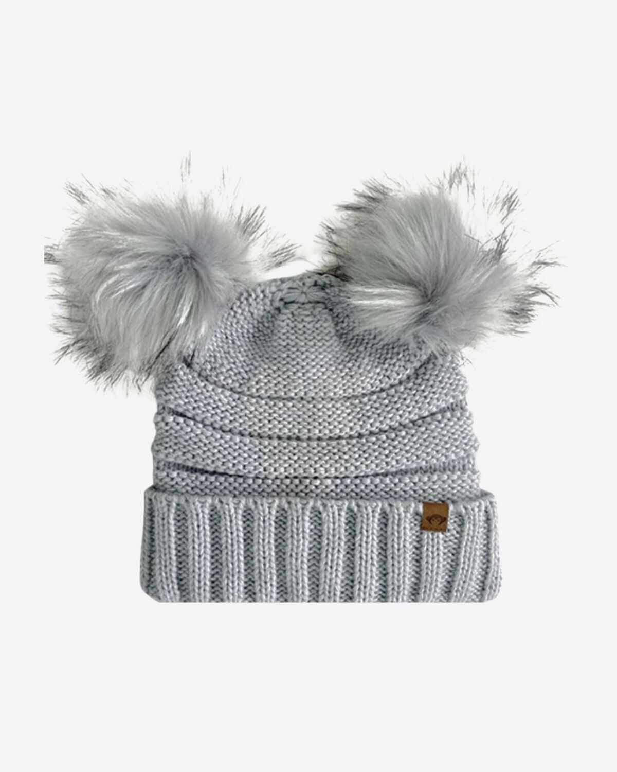 Shiny Silver Mia Faux Fur Pom Beanie for kids, cozy and stylish winter accessory with playful pom poms.