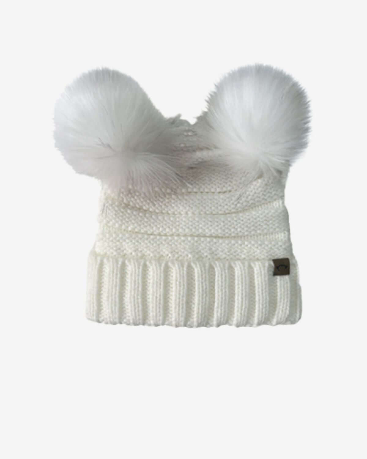 Mia Faux Fur Pom Beanie in Winter White with playful pompoms for stylish kids' winter fun.