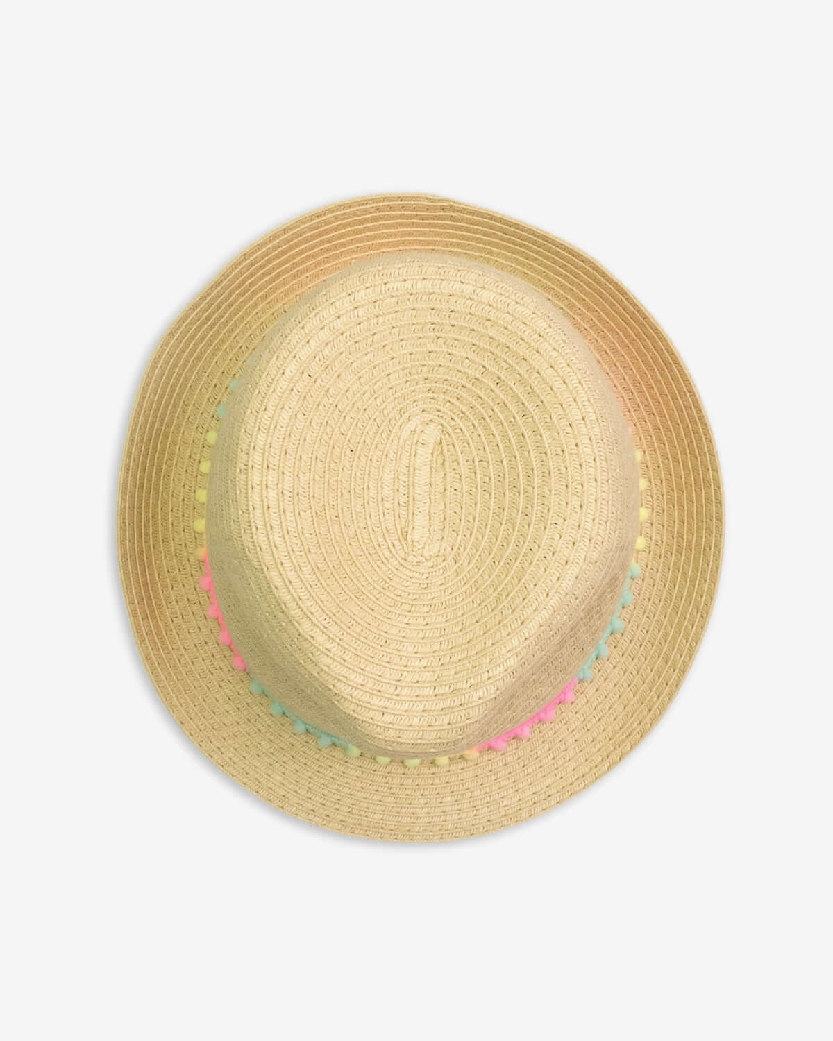 Chic straw fedora hat with playful pom-poms, a stylish must-have for girls' summer outfits.