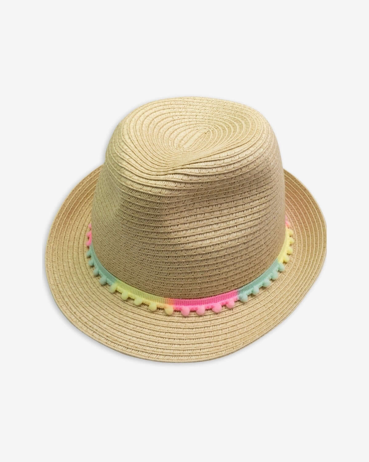Stylish natural fedora hat for girls with playful pom-poms—ideal for summer fun and fashionable sun protection.