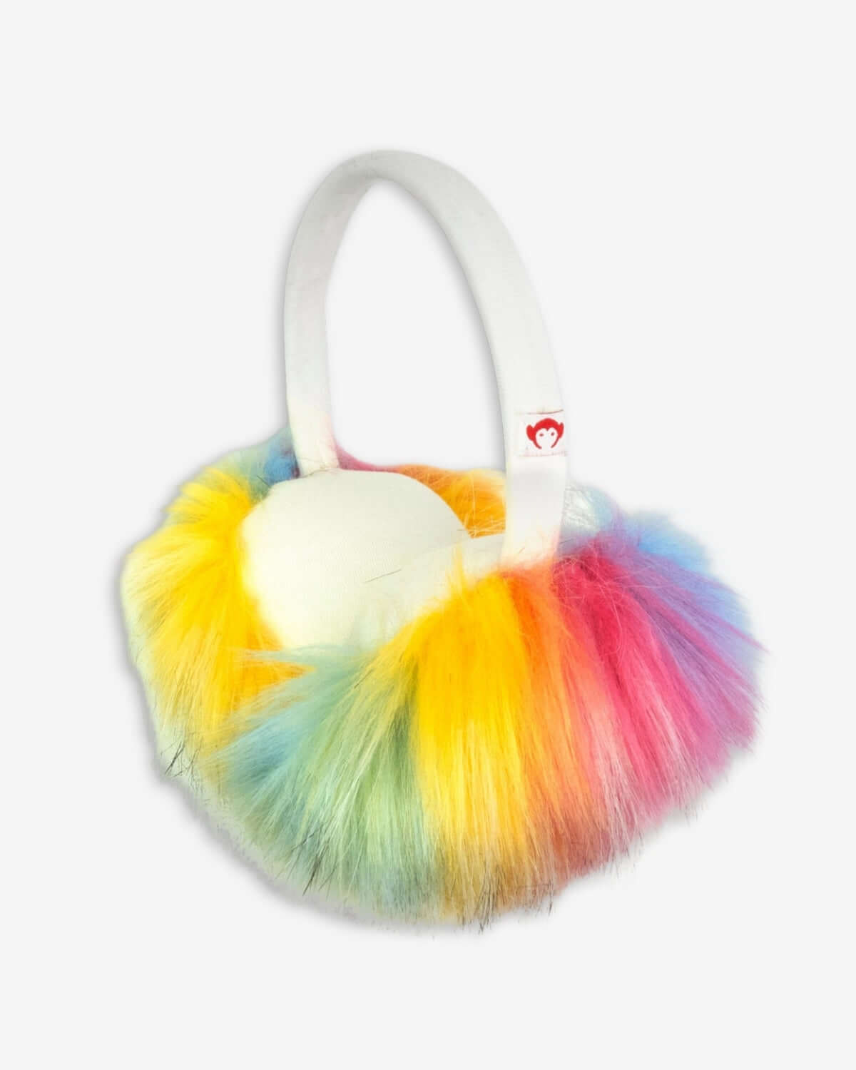 Whimsical white earmuffs with rainbow fur for kids—keeping ears cozy and stylish, perfect for winter adventures!