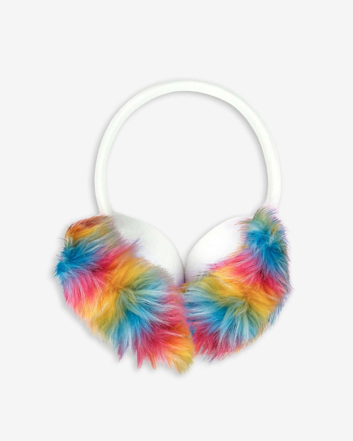 Stylish white earmuffs with playful multi-color fluff, perfect for kids to stay warm and fabulous this winter.