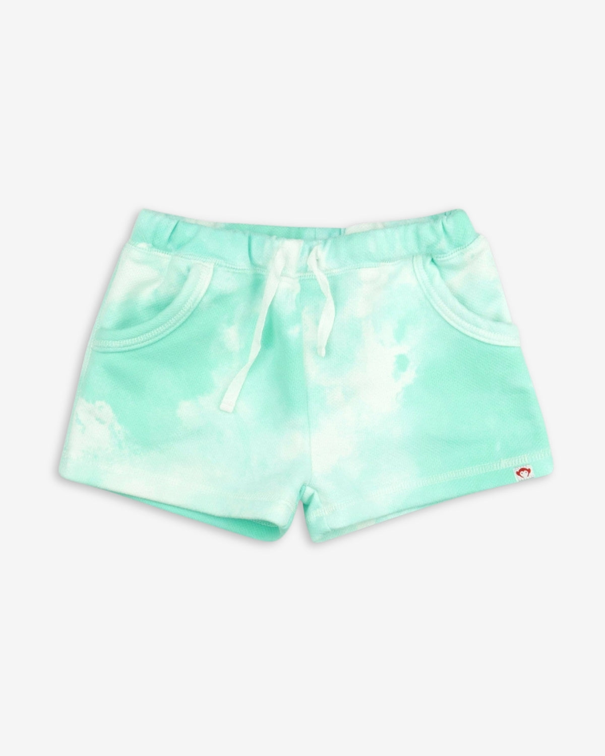 Aqua Cloud Majorca Shorts in vibrant tie-dye mint, perfect for kids. Drawstring waist and pockets make them a summer hit!