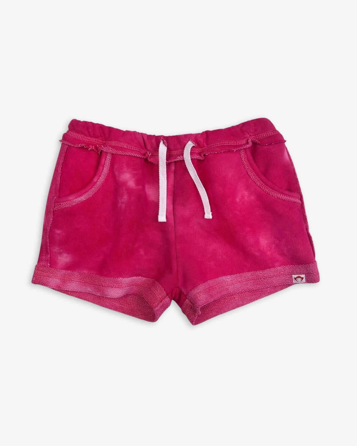 Fuchsia marble tie dye shorts with raw-edge pockets—stylish kids clothes for playful adventures, perfect for back to school!
