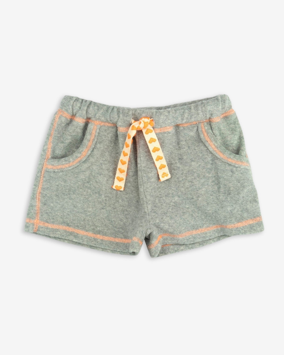 Playful Grey Majorca Shorts with orange heart straps, ideal for stylish kids' summer adventures!