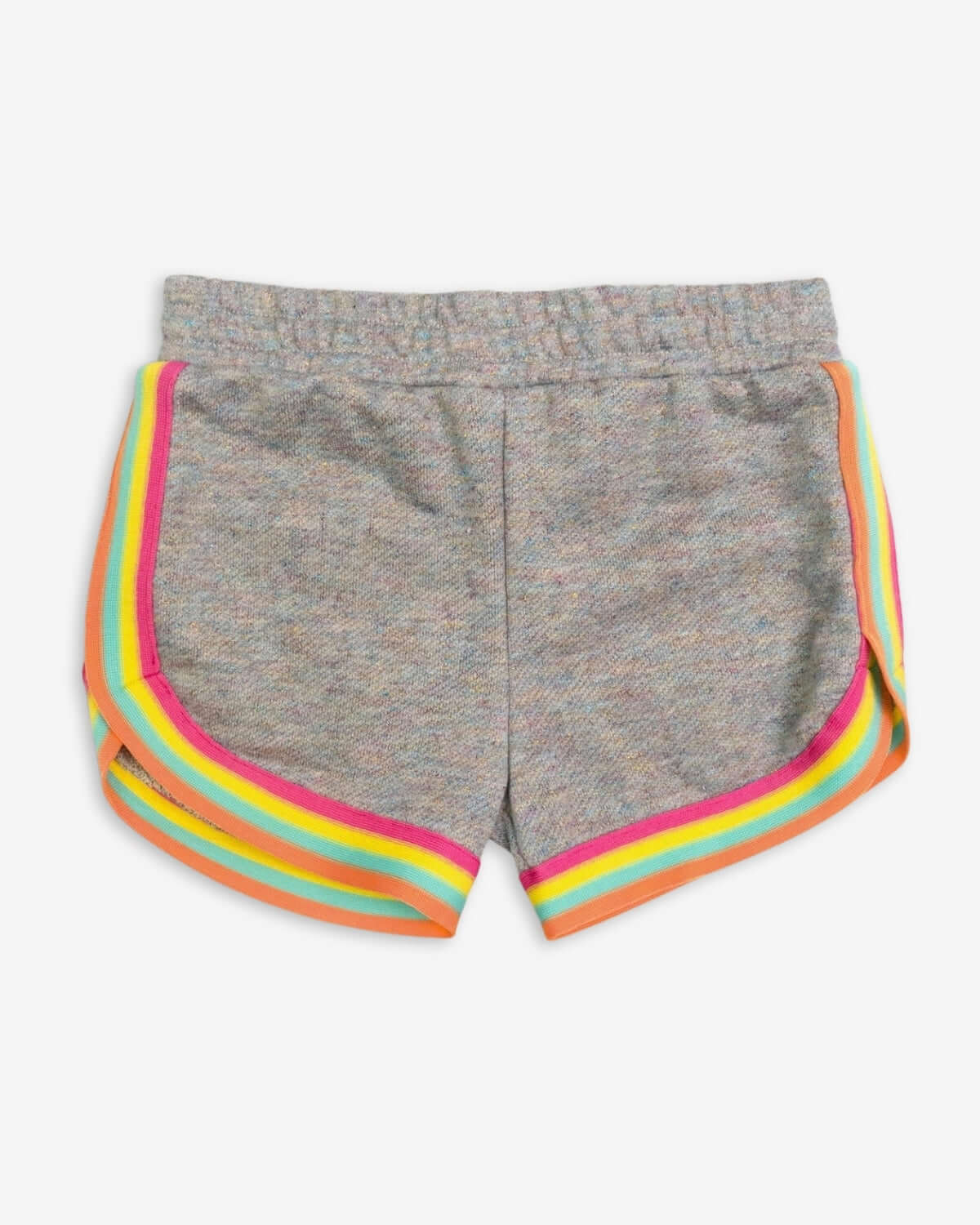 Back view of Heather Grey Sparkle Lori Shorts featuring colorful striped trim—perfect sporty flair for stylish kids clothes!