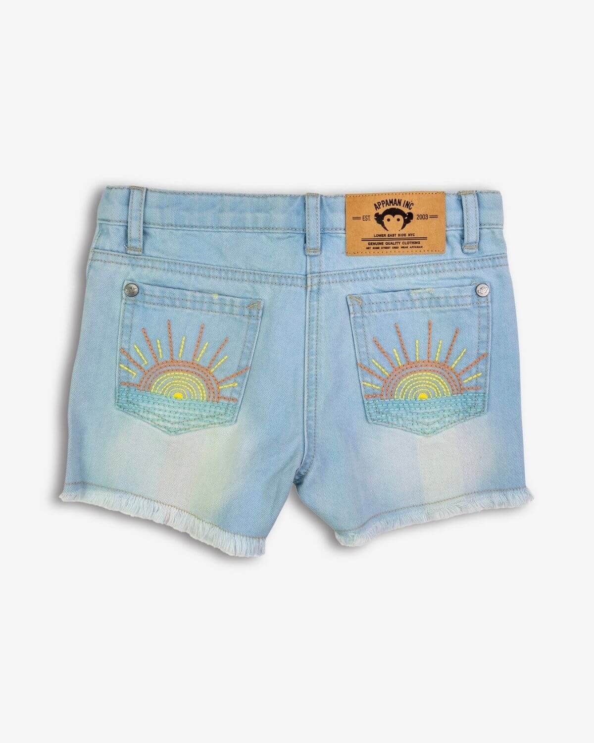 Playfully designed light blue denim shorts with sunny patches on pockets—ideal for trendy kids' back to school style!