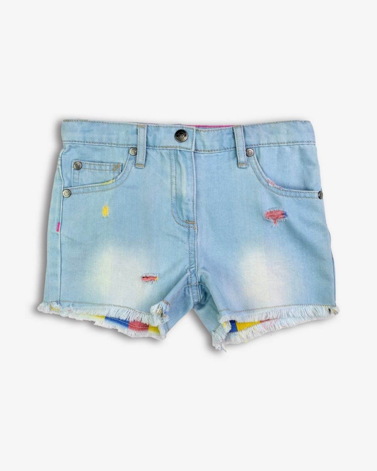 Light blue denim Rhodes shorts with frayed hems, playful sunrise patches, and rainbow stitching—ideal back-to-school kids clothes.