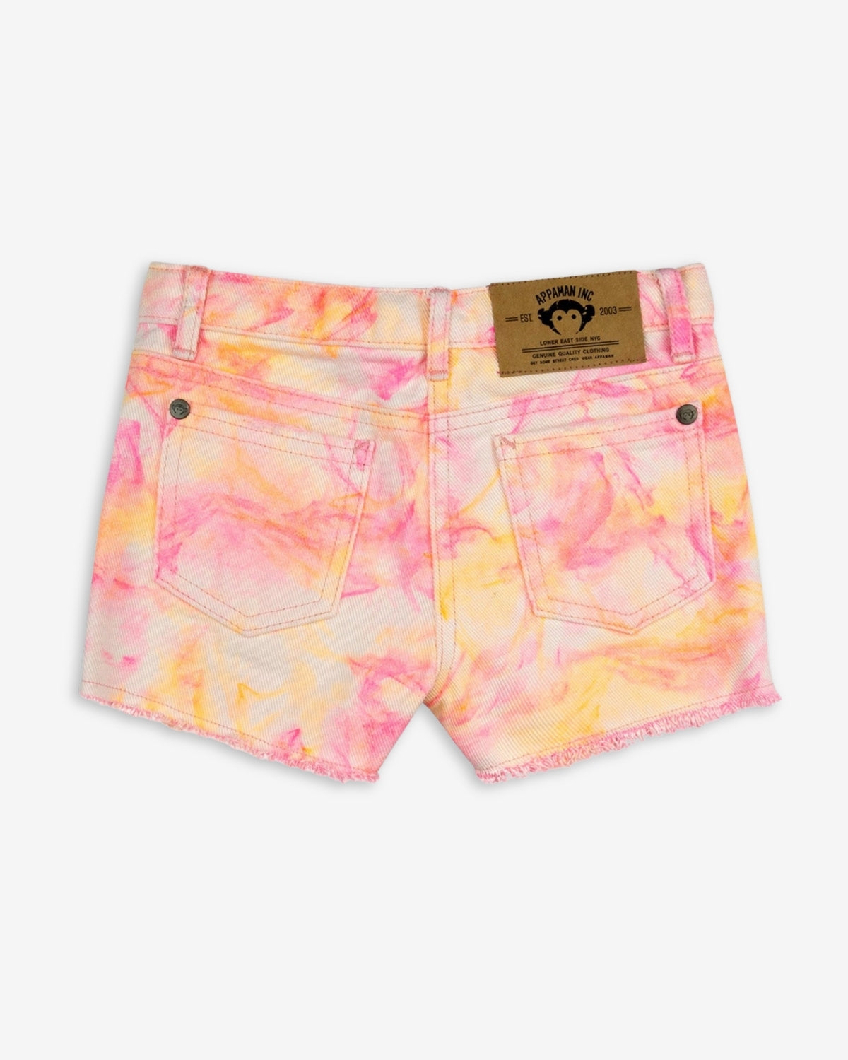Vibrant neon pink and yellow denim shorts, perfect for kids' stylish summer adventures. High-quality, durable, and fun!