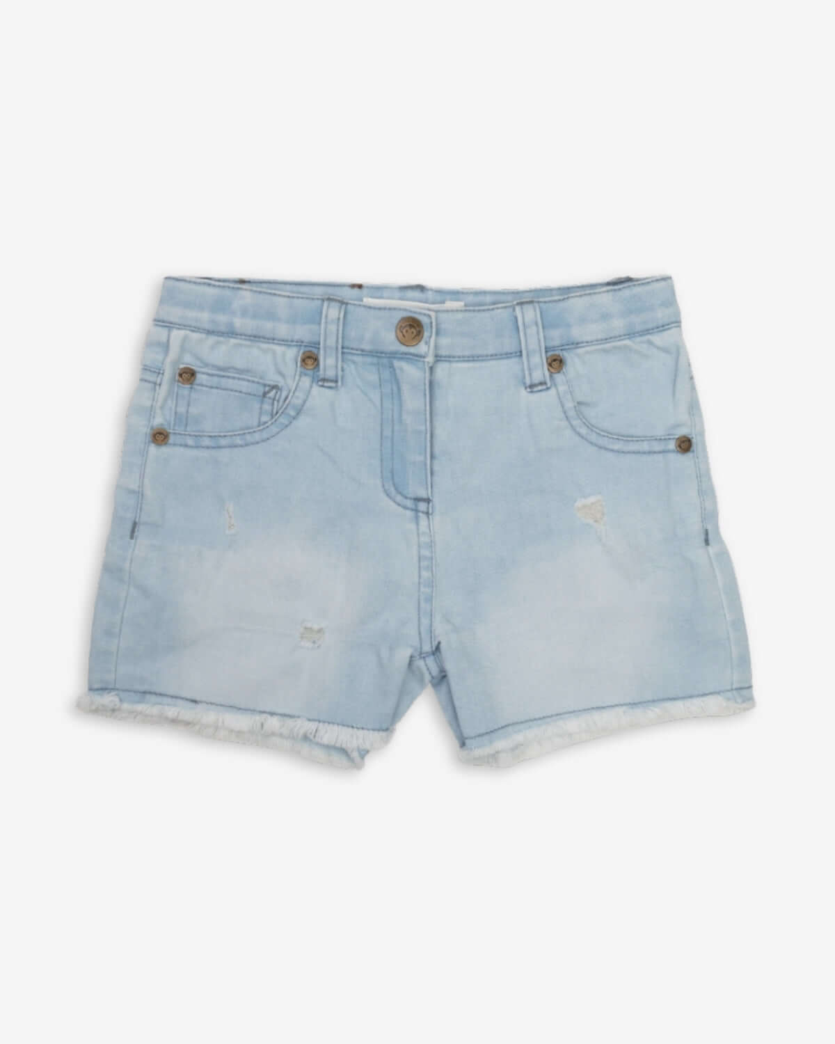 Light blue kids denim shorts with a trendy frayed hem, perfect for stylish summer adventures!