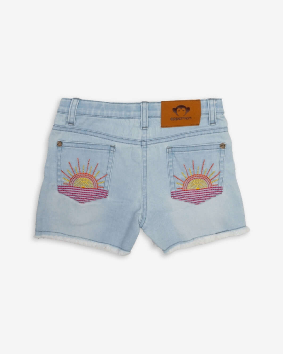 Back view of Sun Wash Rhodes Shorts, featuring playful embroidered sun details in soft denim—ideal for summer adventures!