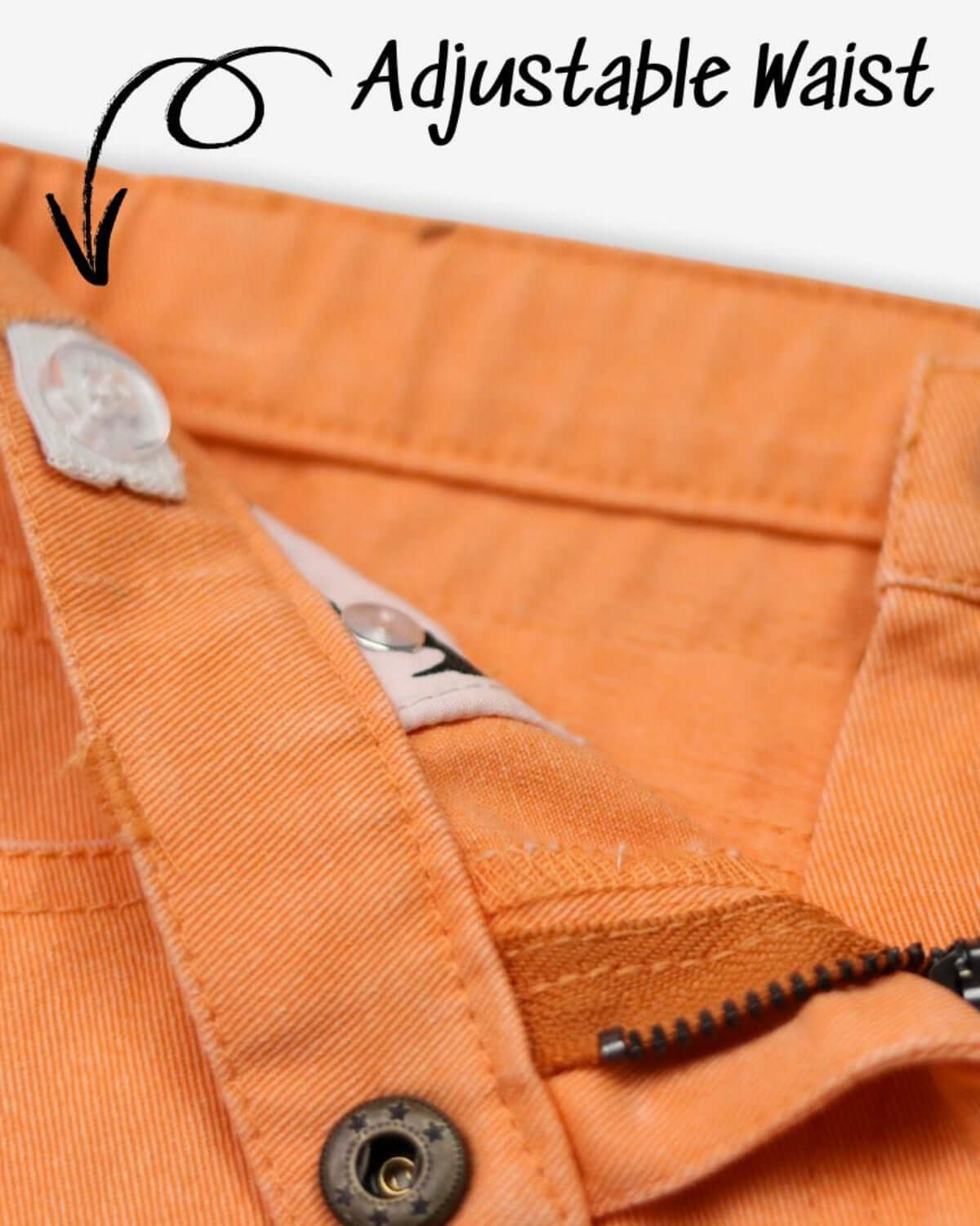 Close-up of adjustable waist feature on vibrant Sunburst Orange Rhodes Shorts for kids' comfort and style.