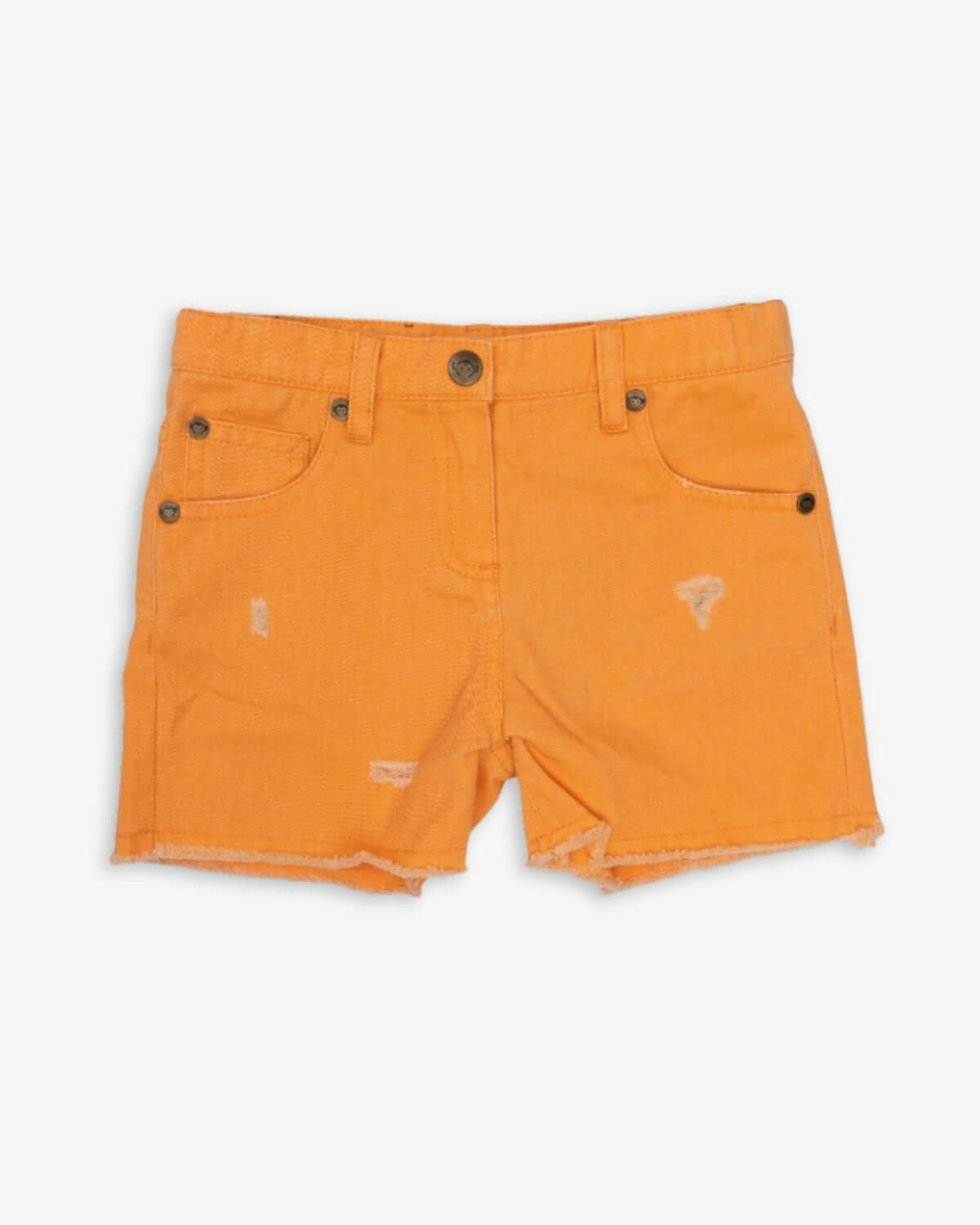 Sunburst orange kids' jean shorts with trendy distressed details—ready for summer adventures in style!