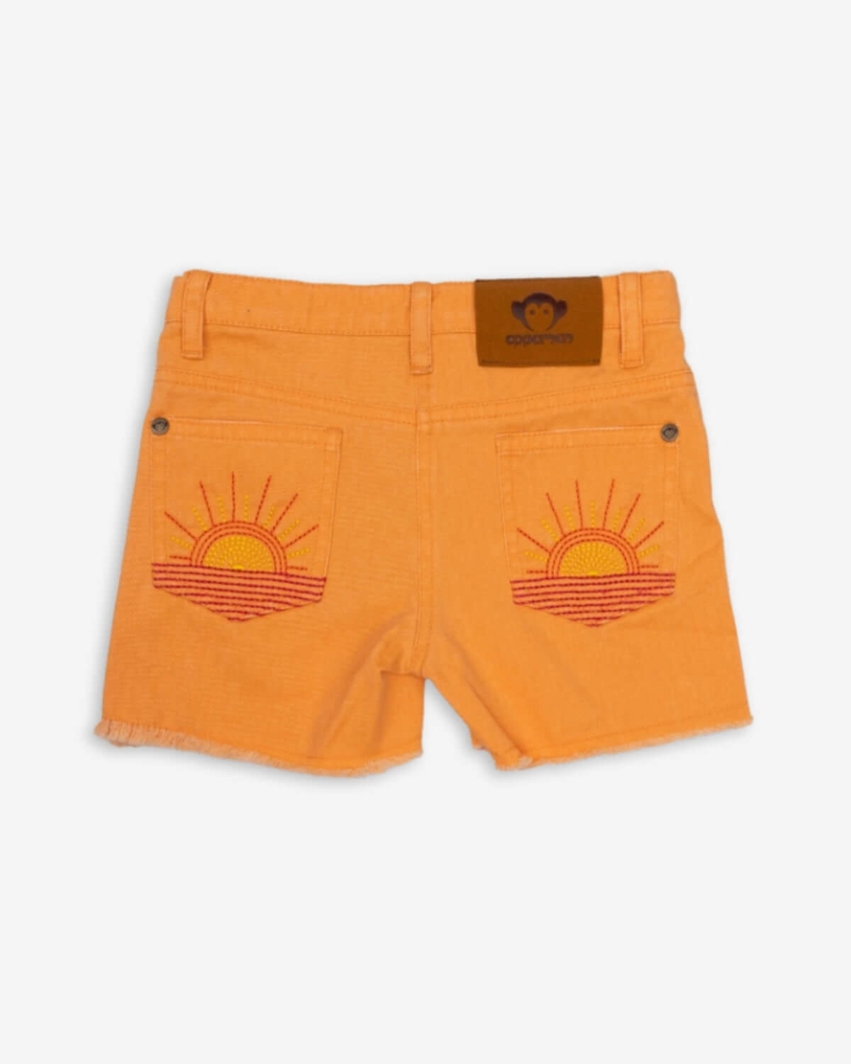 Back view of Sunburst Orange Rhodes Shorts with vibrant sunset embroidery, perfect summer kids clothes for fun adventures!