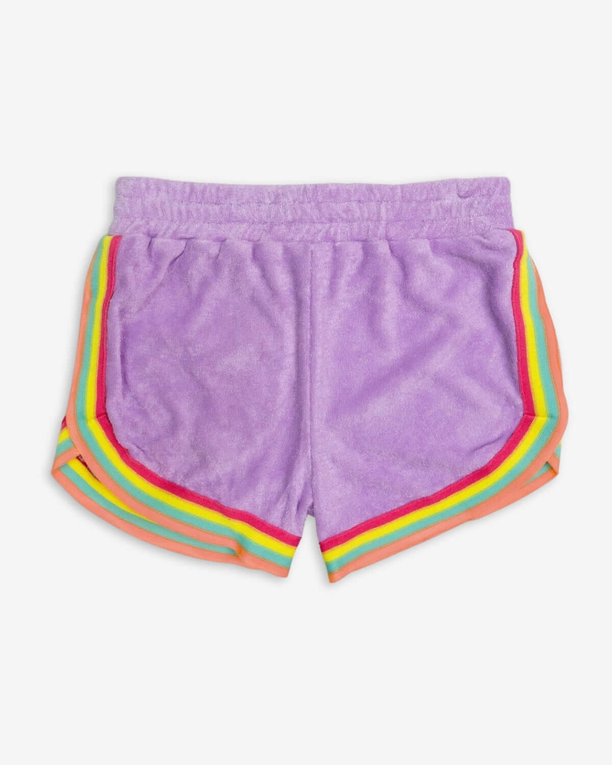 Lavender terry cloth shorts with vibrant rainbow trim, perfect for stylish kids ready for spring adventures!