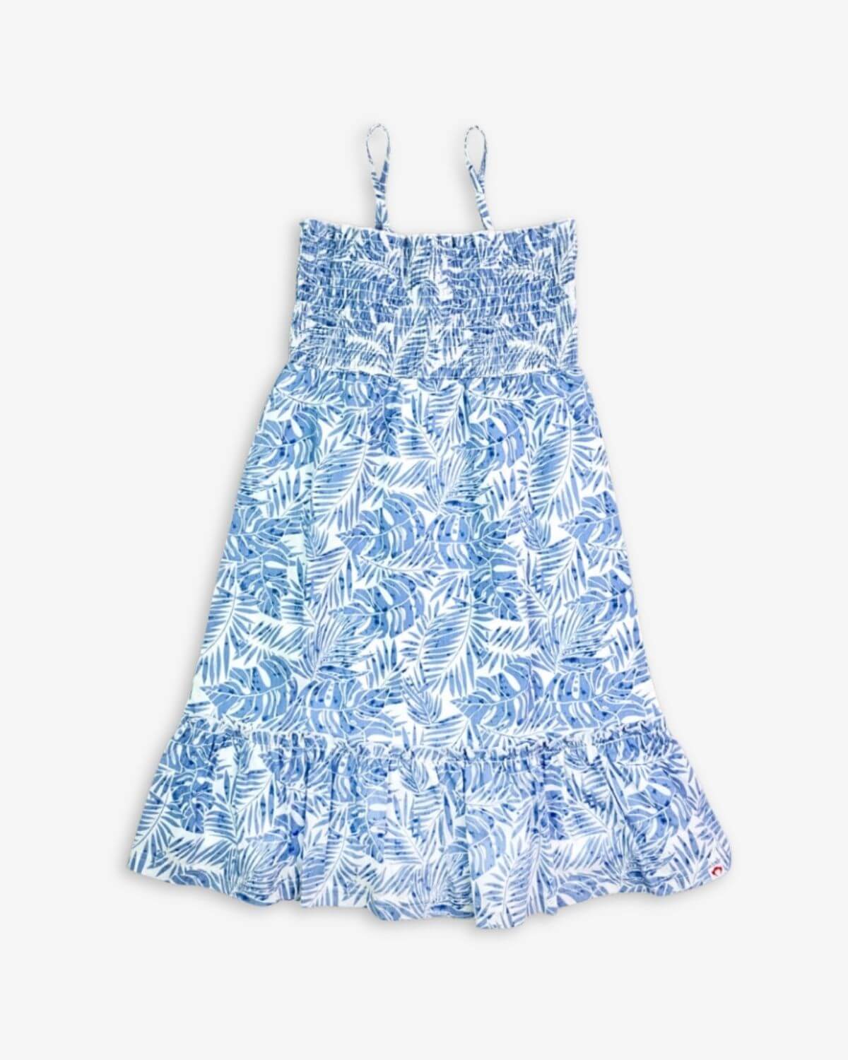 Blue Palms Madison Dress featuring a blue leafy pattern and frill hem, perfect for summer outings.