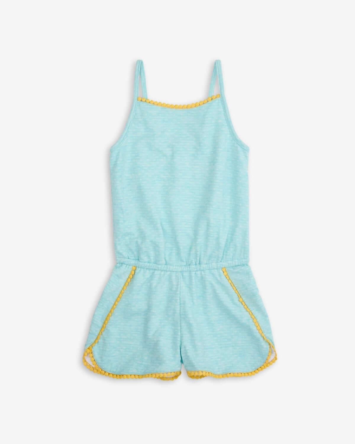 Aqua Novia Romper in soft blue fabric with playful yellow outline detailing and comfortable design.