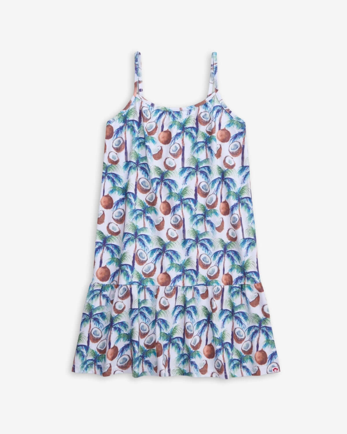 Coconut Palms Scarlett Dress featuring a coconut palm pattern, perfect for summer adventures and casual outings.