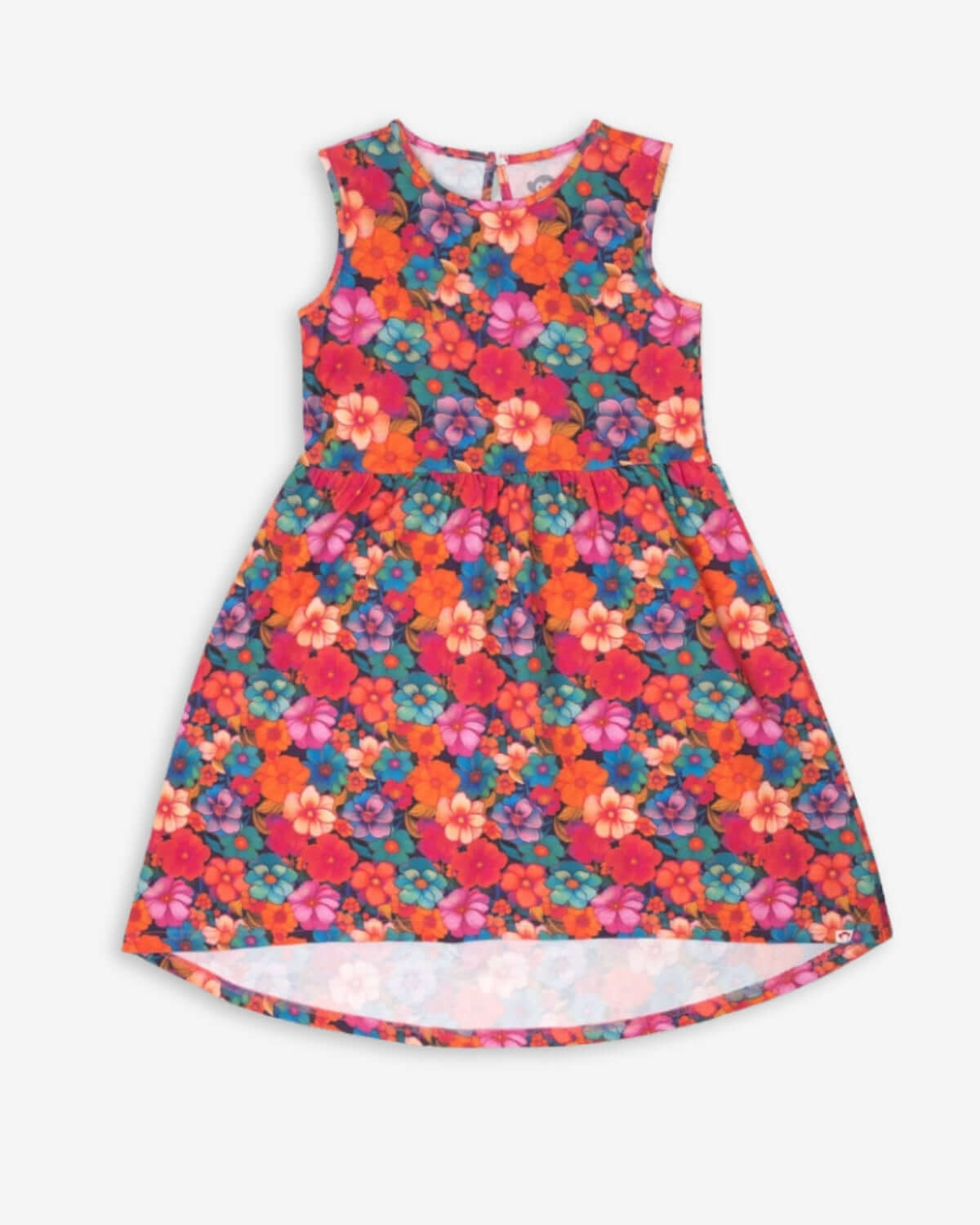 Girls' Summer Bloom Naxios Dress featuring a vibrant floral design for playful summer outings.