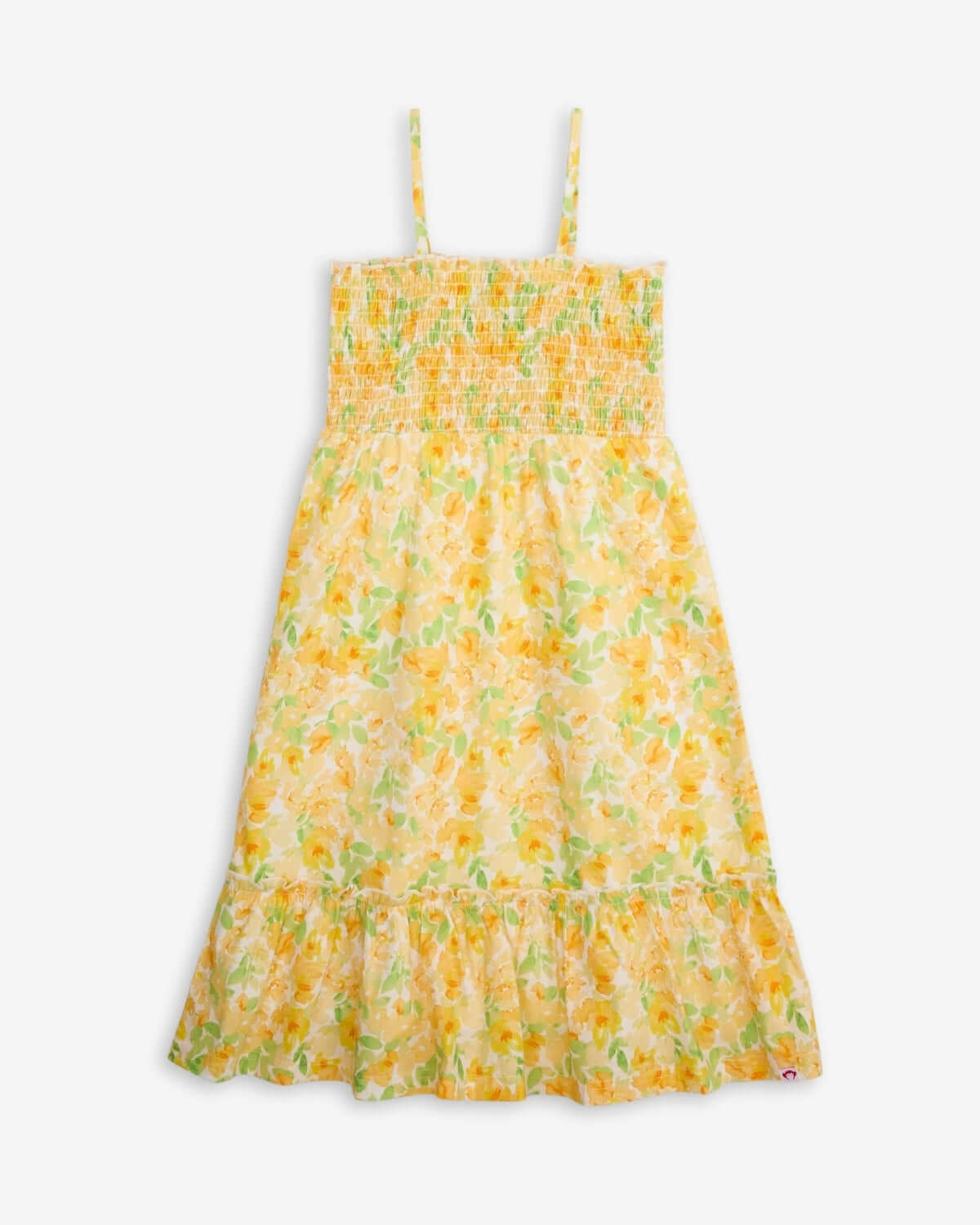 Spring Bouquet Madison Dress, yellow floral dress with vibrant blooms and playful design, perfect for any occasion.