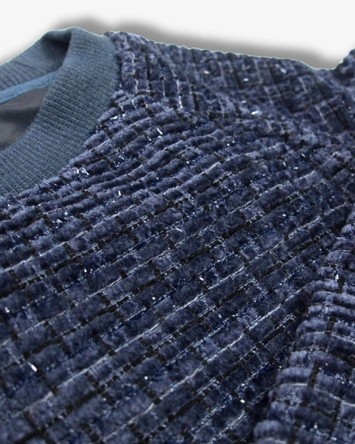 Cozy navy velvet Willow Top features playful raised stripes, perfect for stylish winter celebrations in kids clothes.