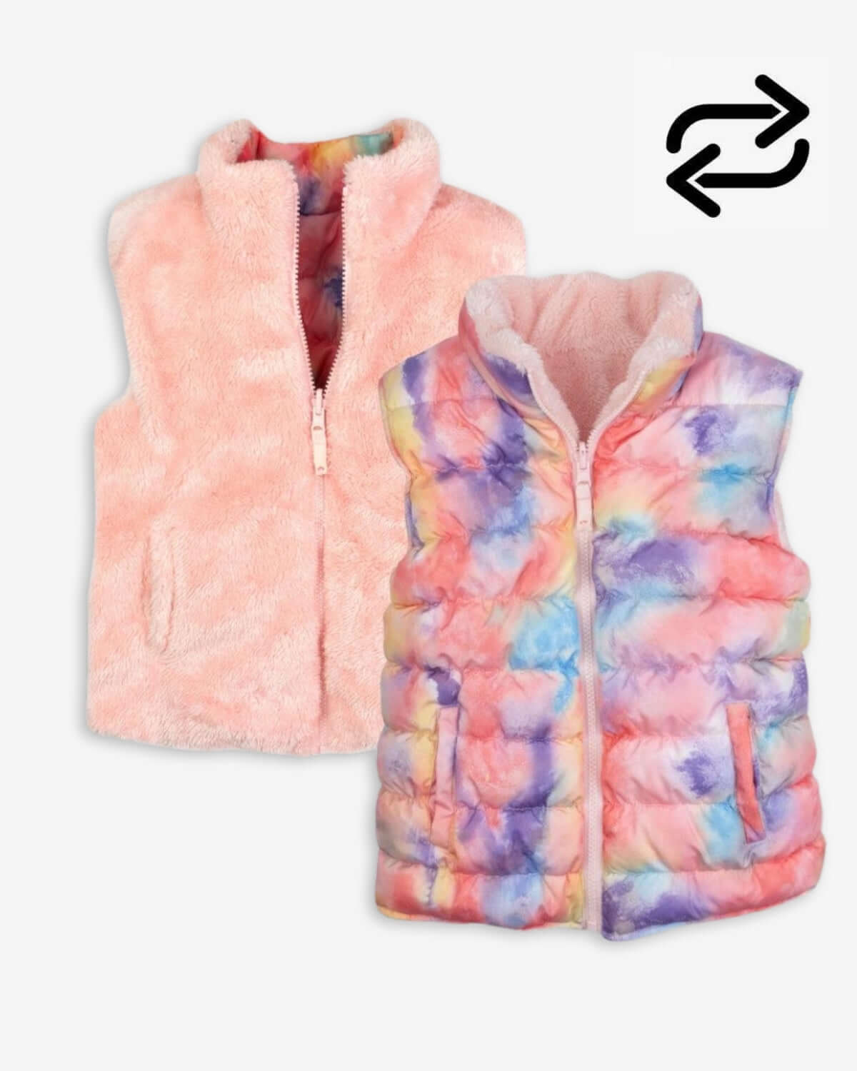 Reversible Candy Cloud Vest for girls, featuring a soft salmon pink faux fur side and a colorful baffle quilt layer.