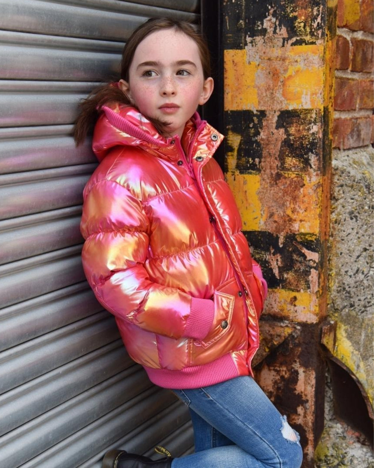 Stylish girl in Citrus Sparkle Puffy Coat, showcasing fun winter fashion for kids—colorful, warm, and confidently chic!