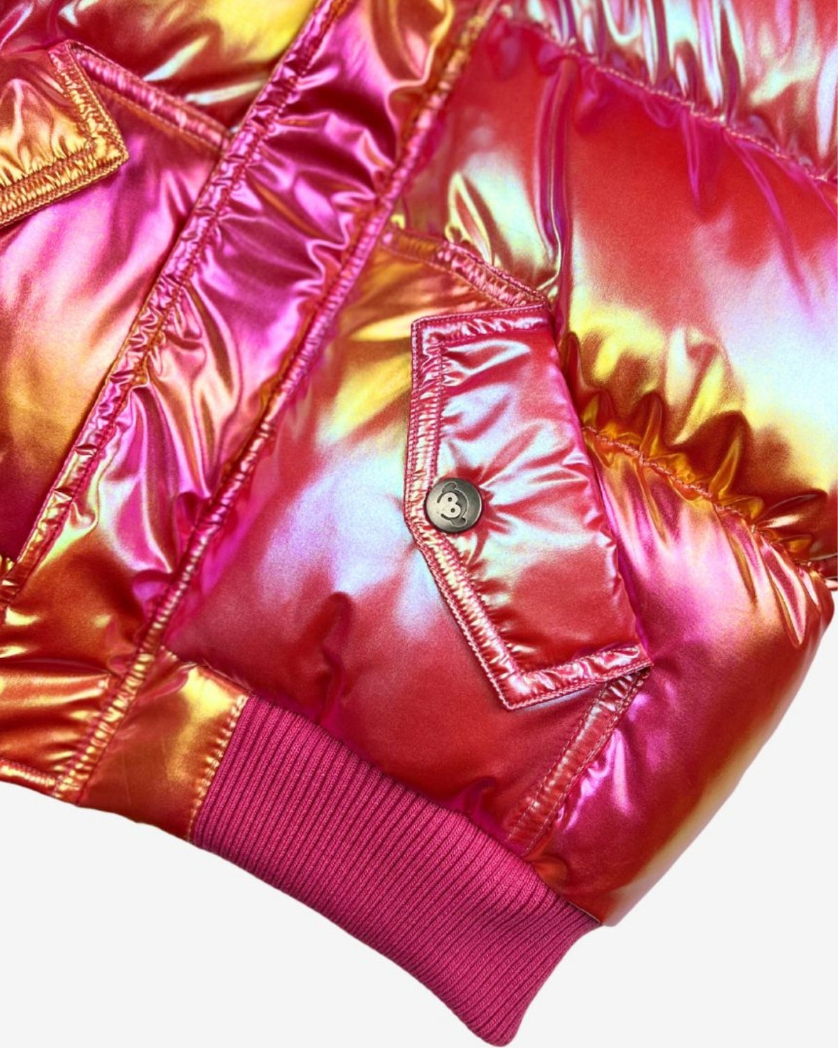 Vibrant Citrus Sparkle Puffy Coat showcasing a dazzling pink and gold shimmer, perfect for stylish winter adventures.