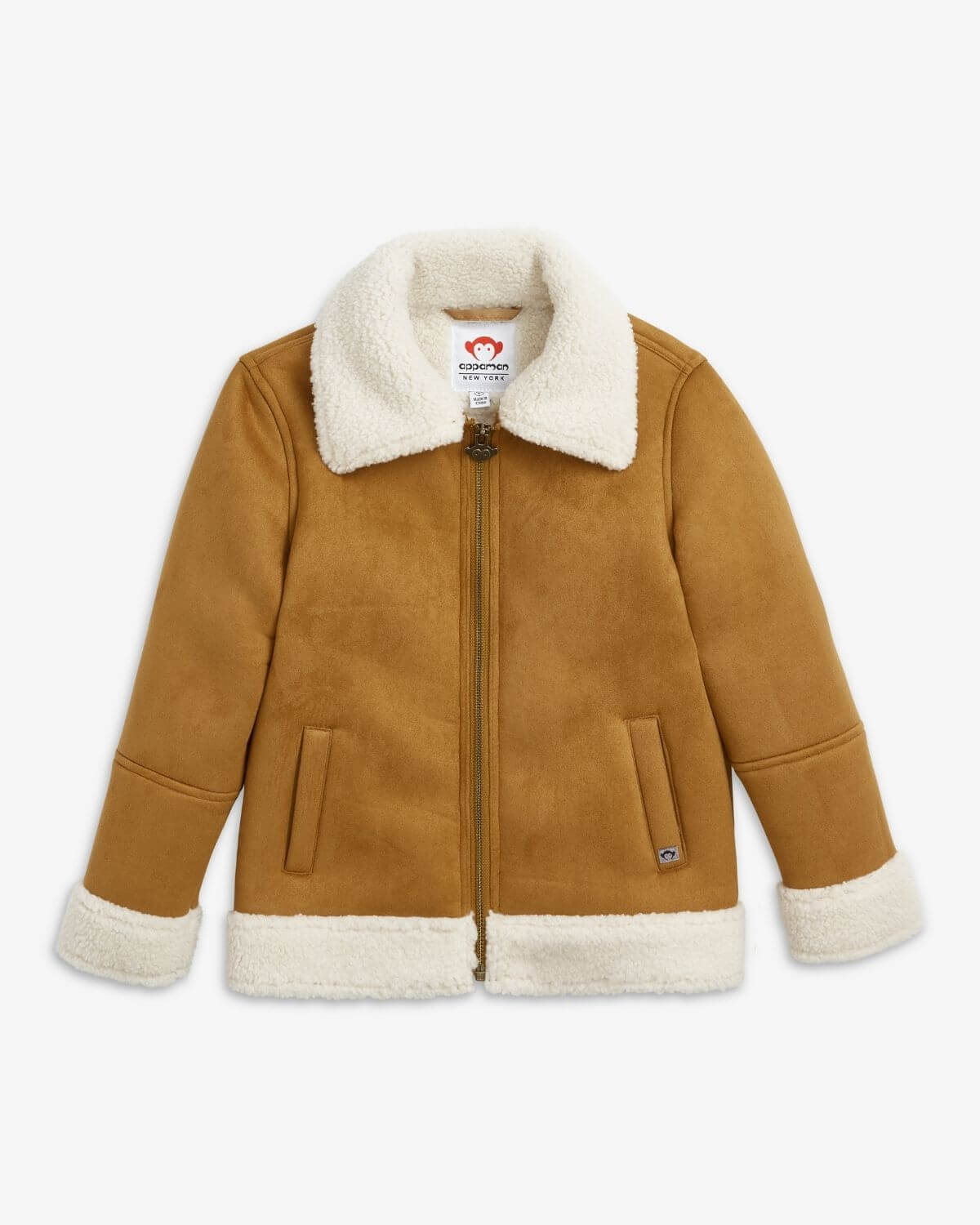 Camel Coco Sherpa Jacket for kids, cozy and stylish with sherpa collar and sleeve cuffs, ideal for back to school adventures!