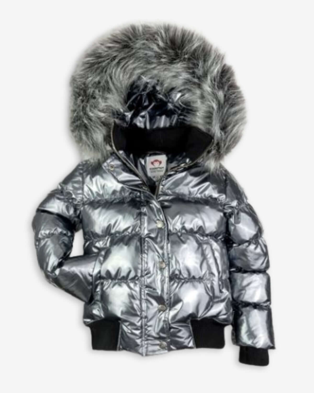 Shiny gunmetal Kyla Puffer Coat with faux fur hood—stylish winter warmth for girls' adventures.