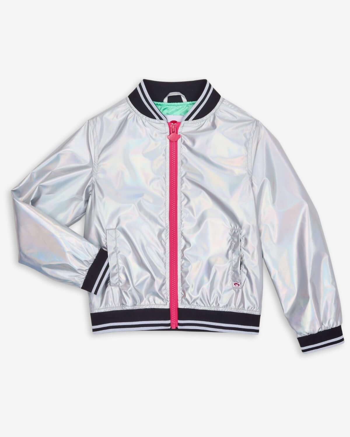 Iridescent Nikki Bomber Jacket featuring a shiny finish and pink zipper, perfect for stylish girls.