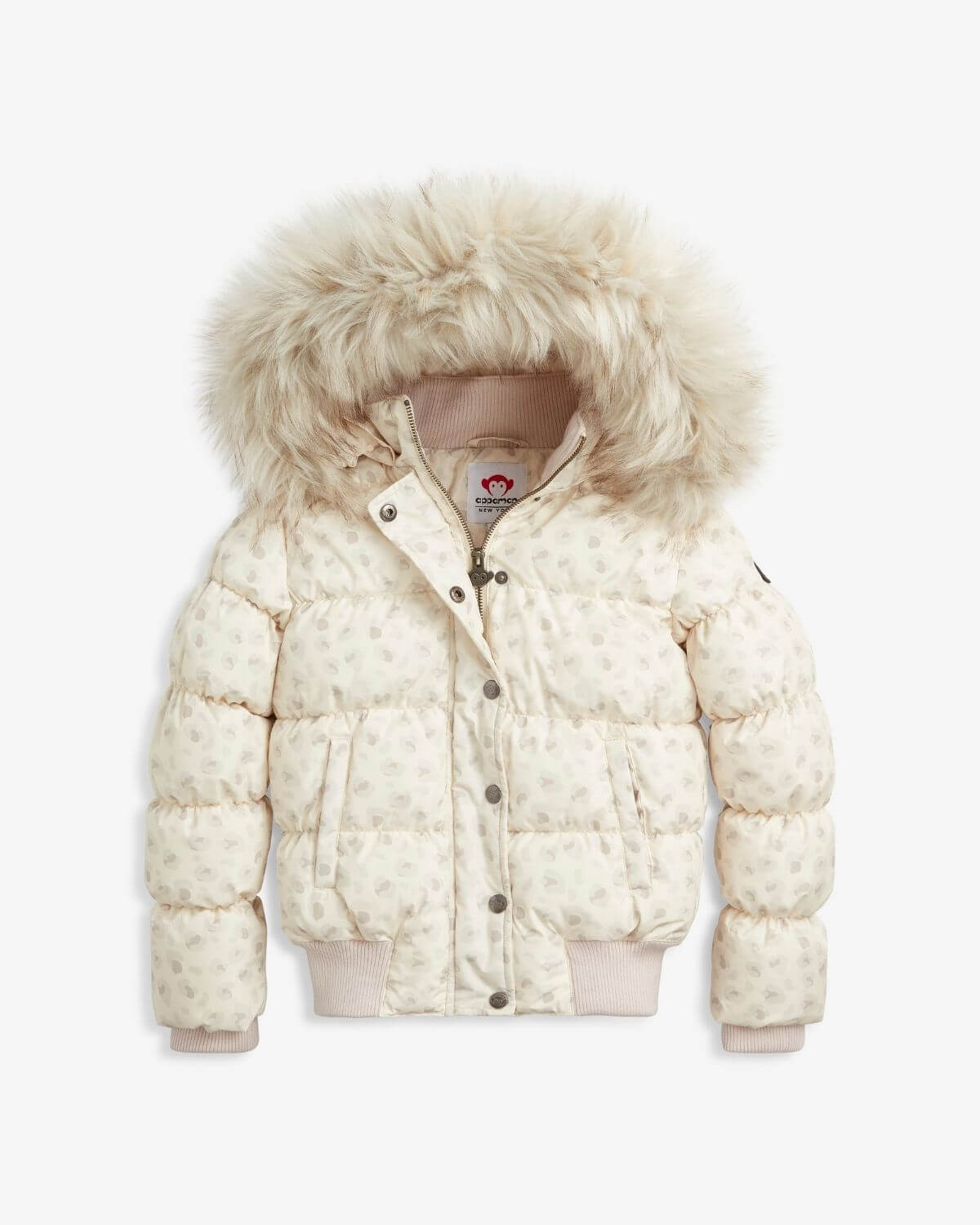 Chic Snow Leopard Kyla Puffer Coat for kids, featuring cozy faux fur trim and stylish leopard print, built for chilly adventures.