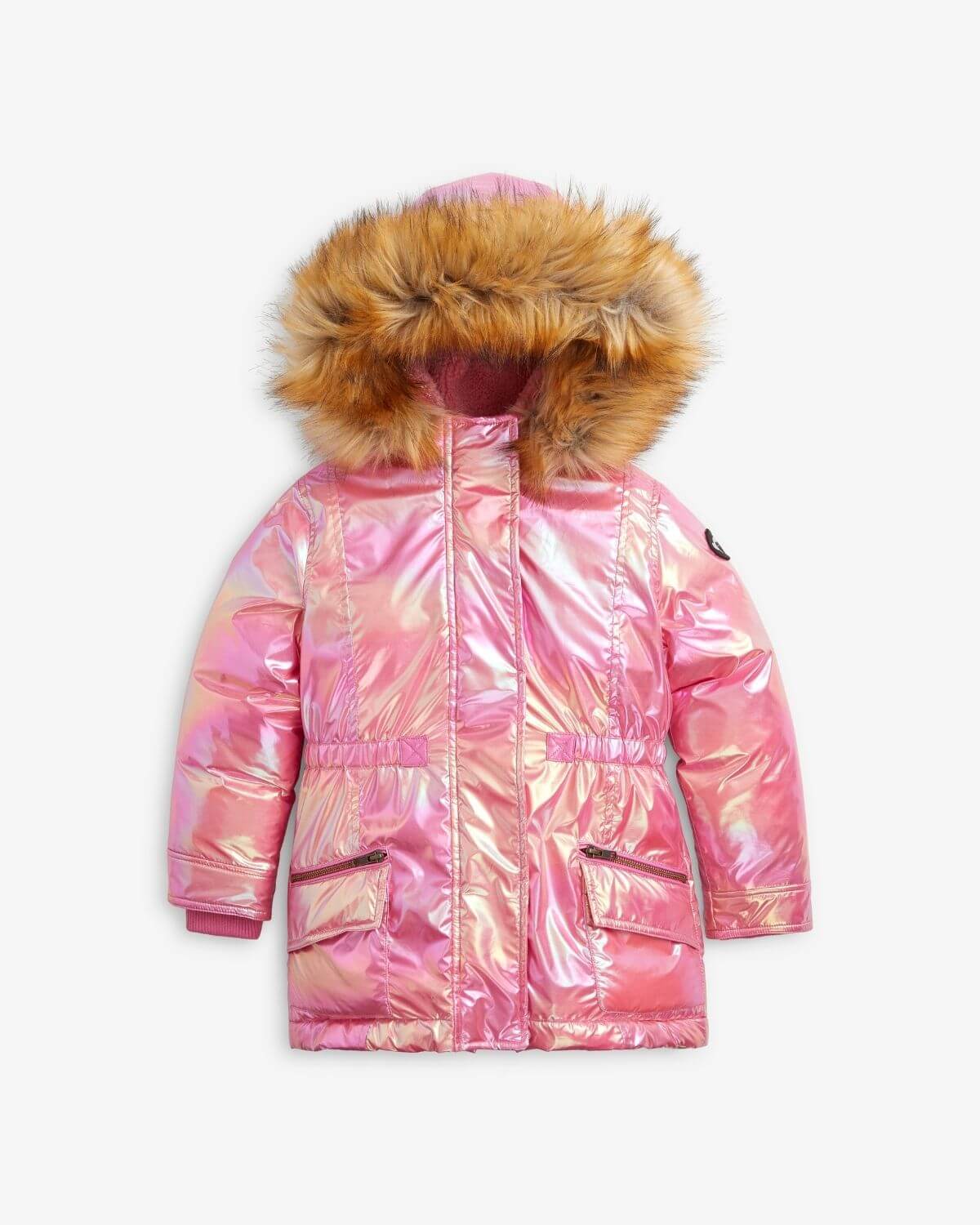 Radiant Pink Middie Puffer Coat for kids, shiny finish, detachable faux fur hood, cozy and stylish winter warmth.