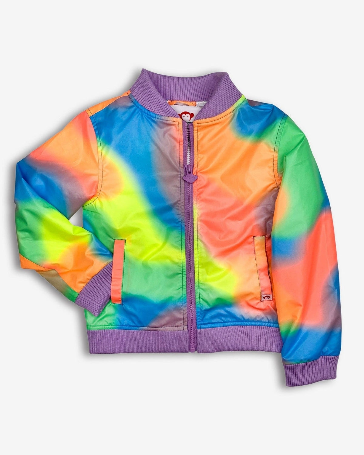 Multi Shine Nikki Bomber: Colorful kids’ jacket with charming zipper pull and vibrant purple trim, perfect for back to school fun!