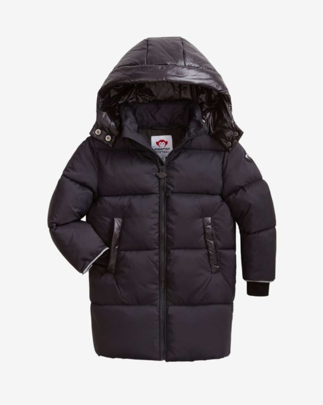 Cozy black Park Avenue Long Puffer jacket for kids, perfect for winter adventures and back to school styling!