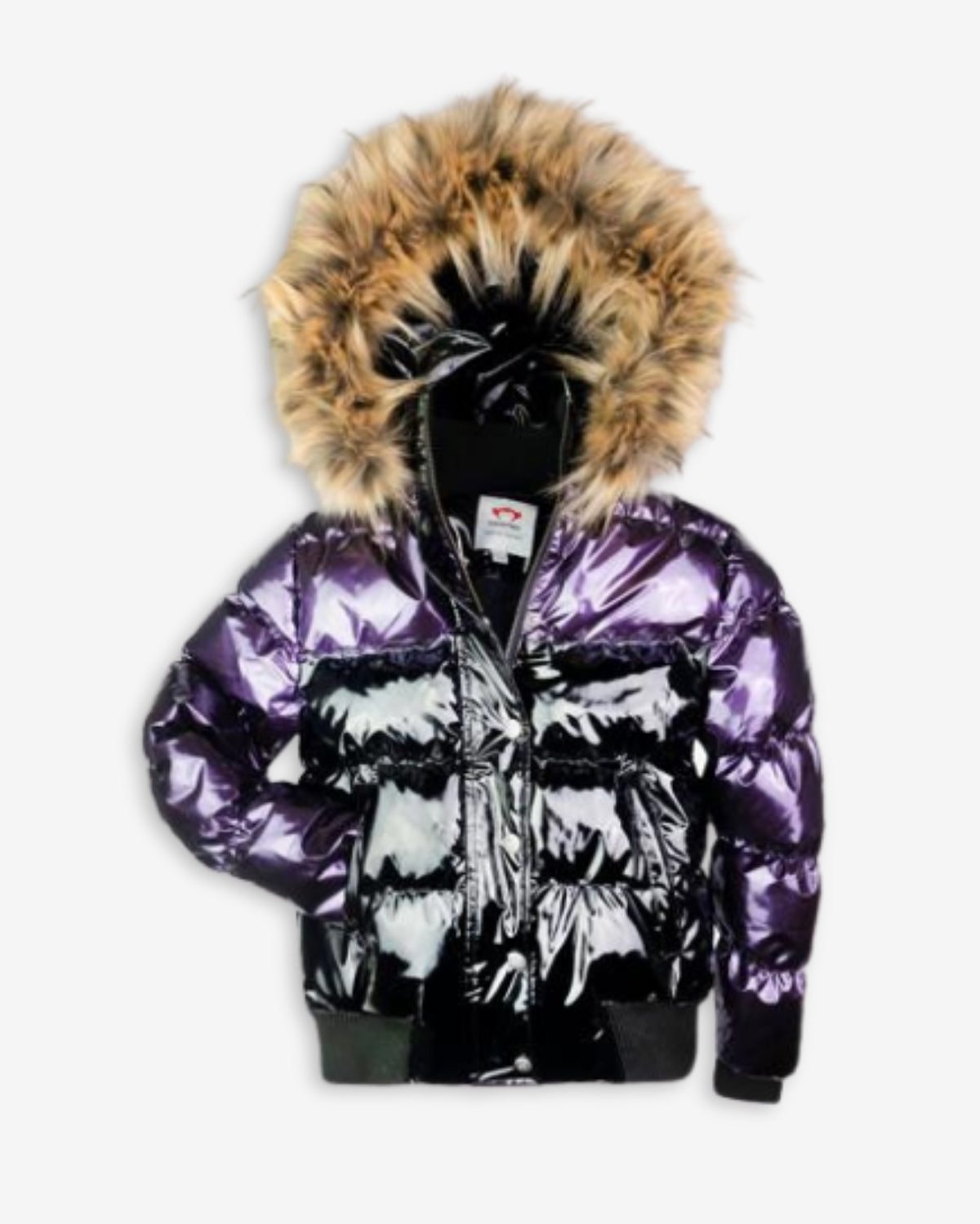 Shiny plum and black Kyla puffer coat with cozy faux fur hood—stylish kids' winter coat for fun and warmth!