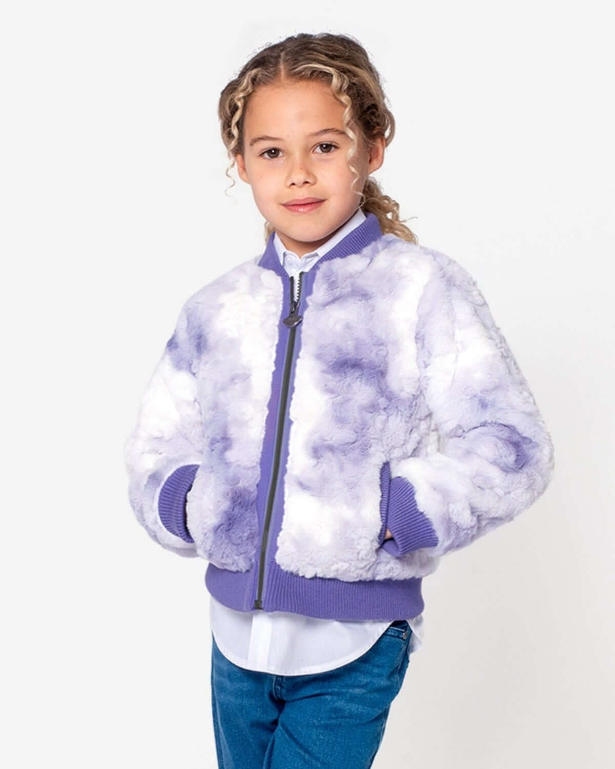 Stylish girl in a cozy Purple Lavender Nikki Bomber Jacket, perfect high-quality kids clothes for back to school.