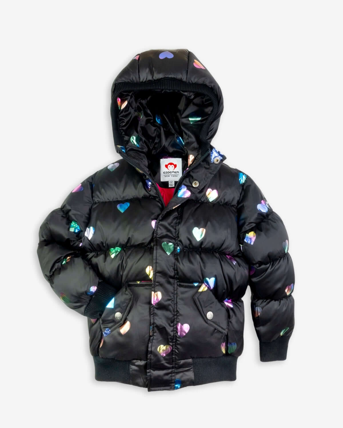 Bright and cozy Rainbow Hearts Puffy Coat for kids—stylish warmth in chilly weather, perfect for adventurous little ones!