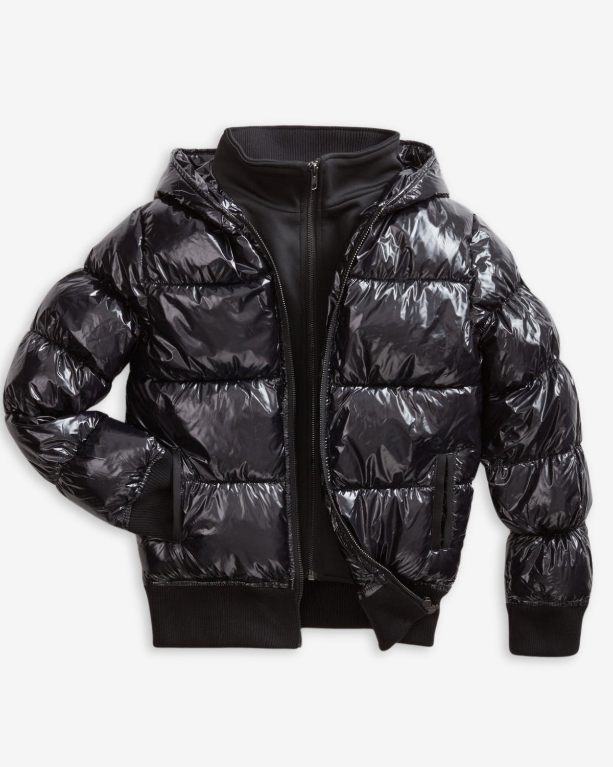 Shiny black Flurry Coat for kids—stylish, durable, and cozy for back to school adventures!