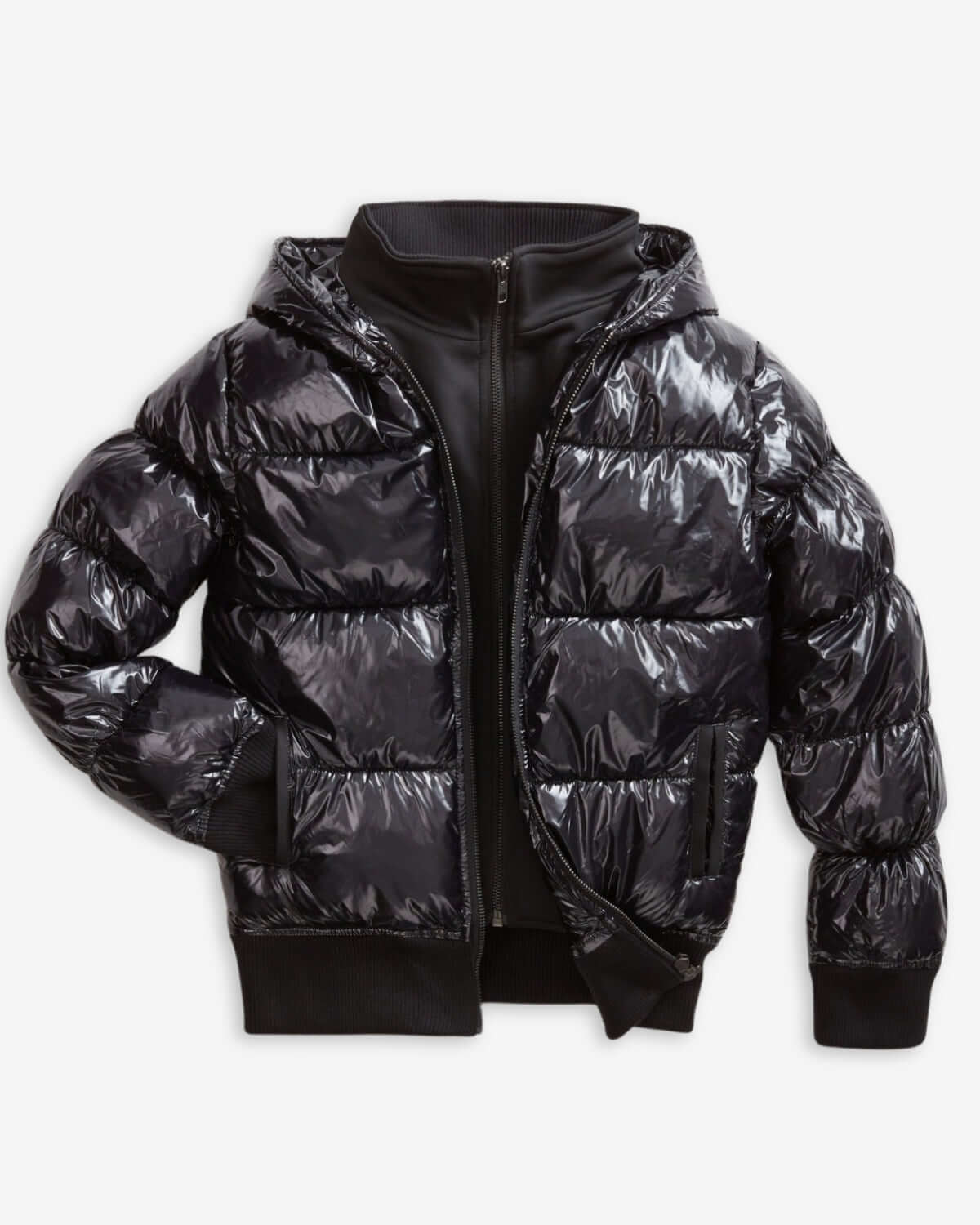 Shiny Black Flurry Coat with shiny insulation and weather-resistant storm layer for warmth and comfort.