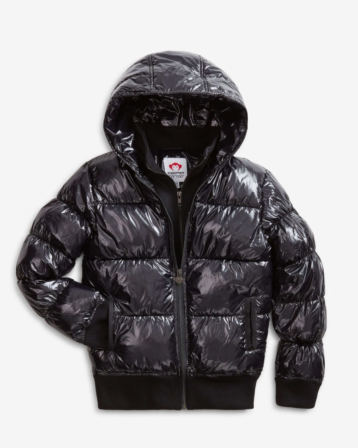 Shiny Black Flurry Coat featuring padded insulation with hood and zip closure for extra warmth and style.